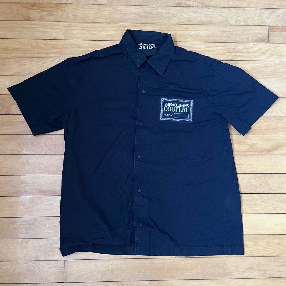 Versace Jeans Couture Mens Black Short Sleeve Logo Patch Button Down Shirt L